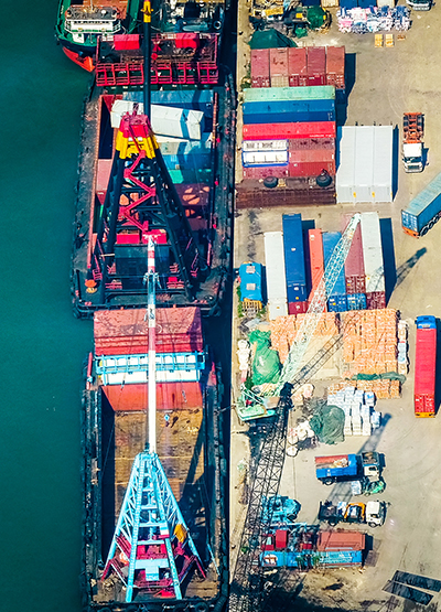 Aerial view of cargo ships at port terminal. Hong Kong